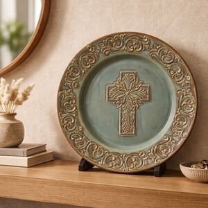 Rustic Ceramic Religous Plate Embossed Cross Scroll Border Teal Brown 12"
